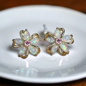 18k Gold Plated Fire Opal flower stud earrings. New.
